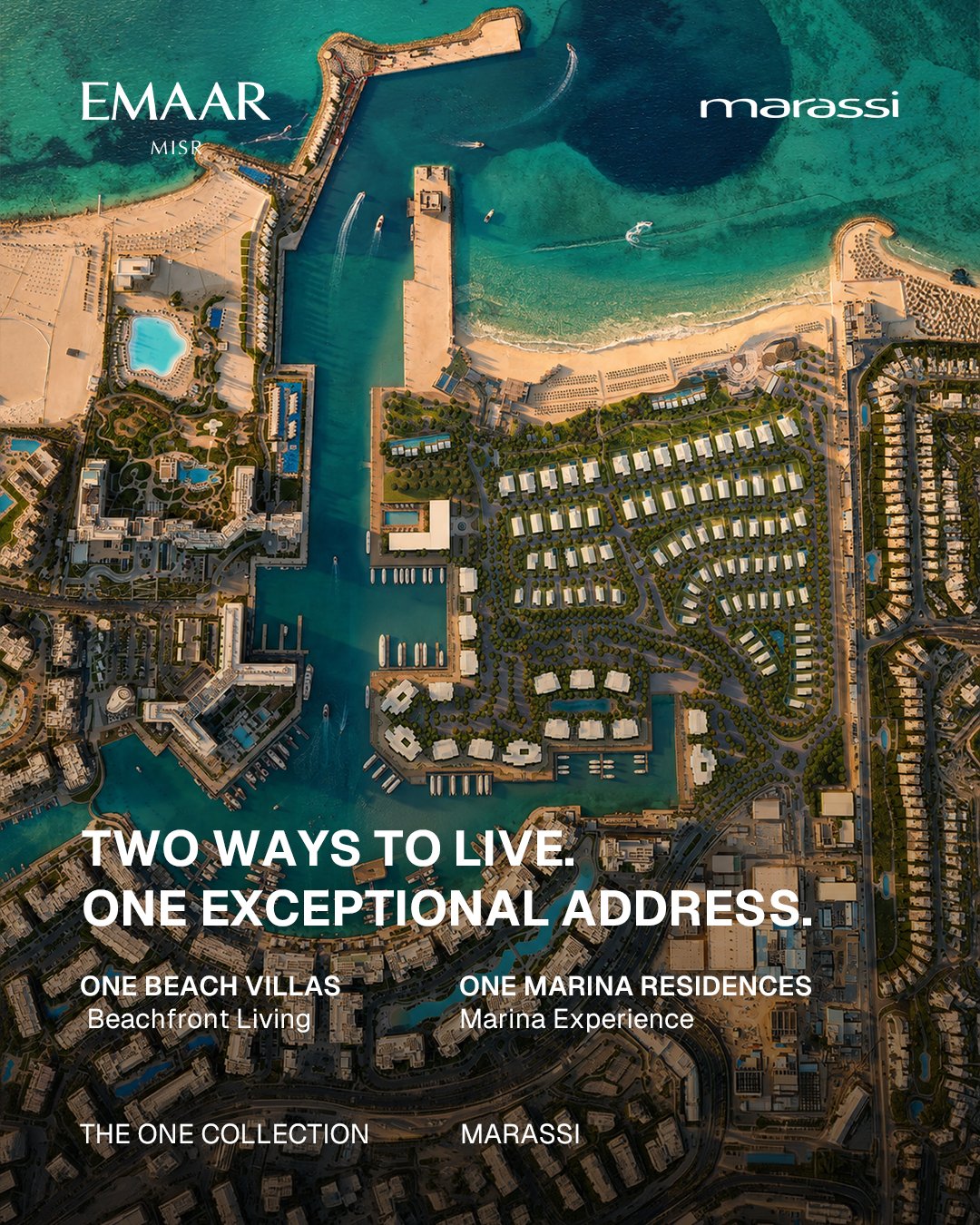 Aerial masterplan view showing One Beach and One Marina